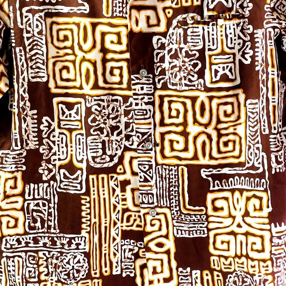 Vintage Malihini Hawaii Men's Hawaiian Shirt Tiki Aloha Pattern Brown Gold - Picture 4 of 7